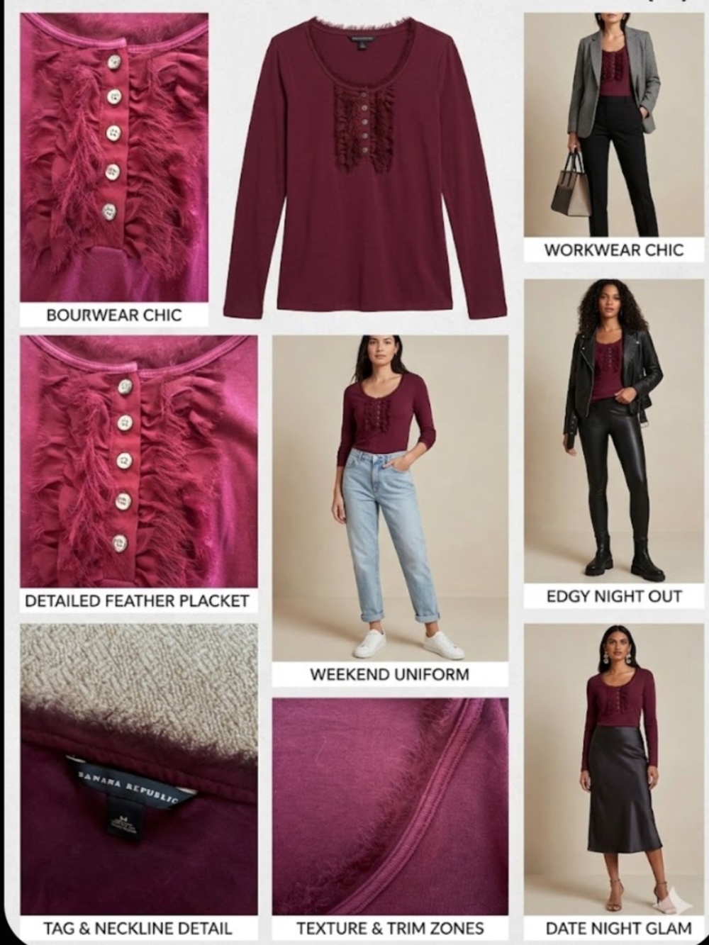 BANANA REPUBLIC Faux Feather Ruffle Top - Size M - Burgundy Long Sleeve - Keyhol